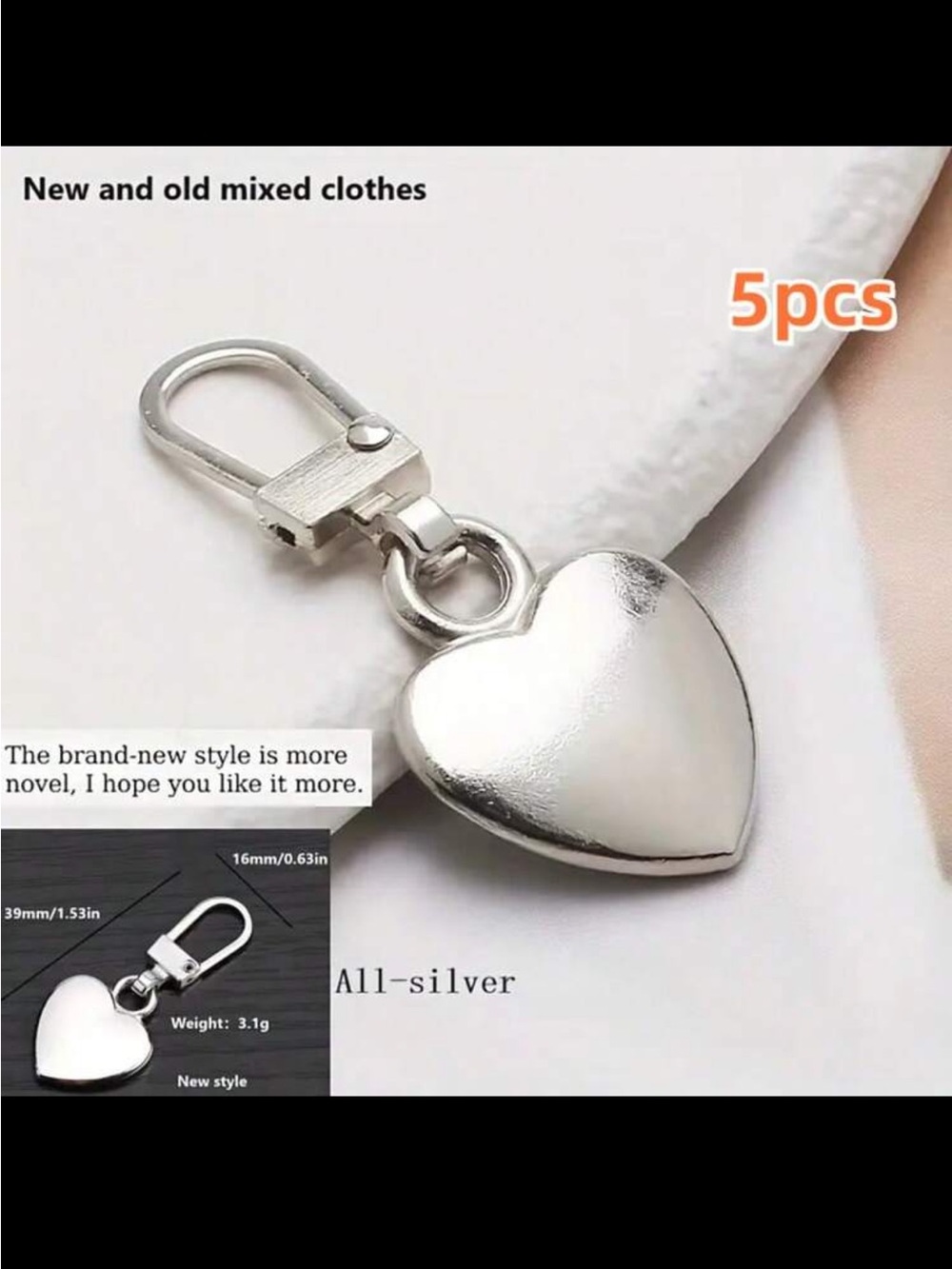 Silver Heart Zipper Pulls Detachable Replacement Charms Set - 5 Pack